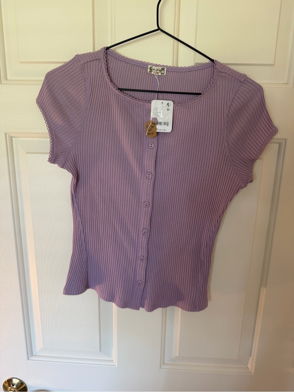 Free People Lilac Ribbed Button-Front Short Sleeve Top